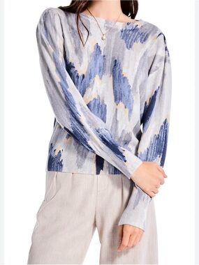 NIC+ZOE Blue, Gray & Cream Abstract Crewneck Sweater